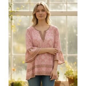 Ruby Rd Women's Pink Medallion Heart Puff Print Ruffle Sleeve Size Petite LARGE